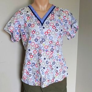 Blue green red brown circles flowers scrub top